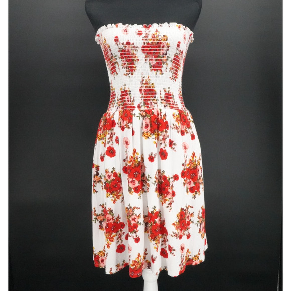 Floral‎ Smoked Coquet Gyaru Sundress White Smocked Tube Top Stretch Size Large - Picture 1 of 13